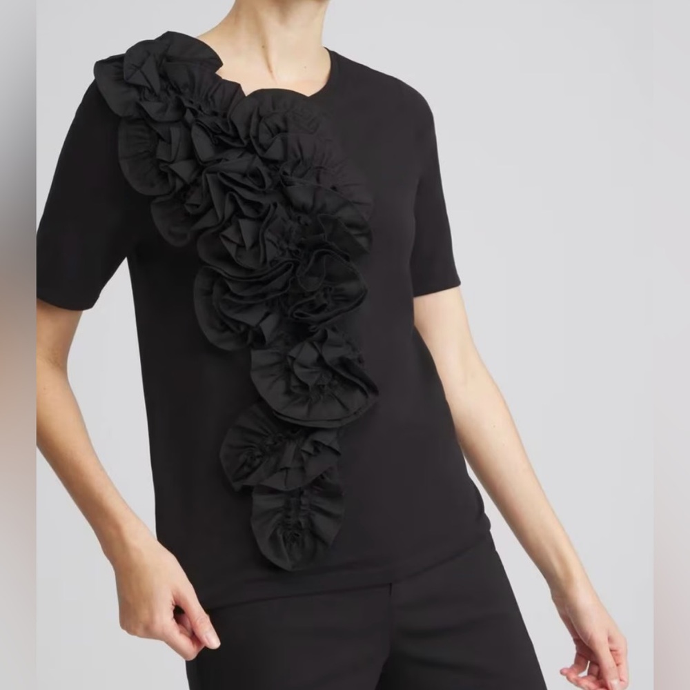 CHICO’S Black 3D Ruffle Front Tee Shirt, Size XL